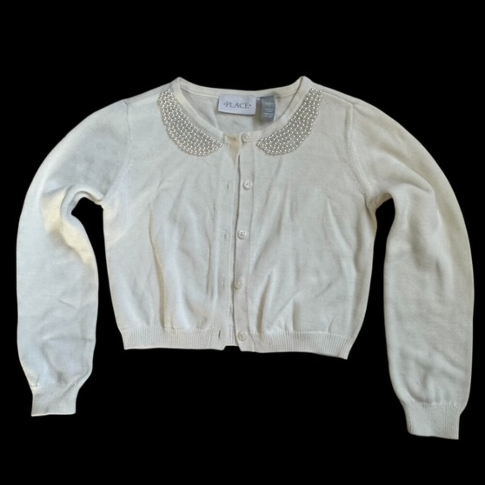 Children's Place Size 5/6 WHITE Cardigan Sweater w Faux Pearl Collar